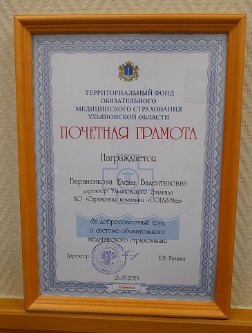 Директор Ульяновского филиала «СОГАЗ-Мед» награждена почетной грамотой ТФОМС Ульяновской области, новости, пресс-релизы, статьи, «СОГАЗ-Мед», омс